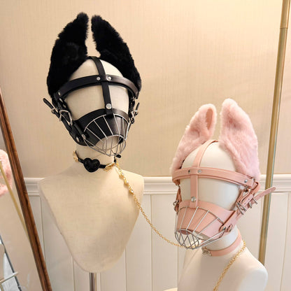 Stainless steel cage muzzle with faux fur puppy ears and vegan leather straps