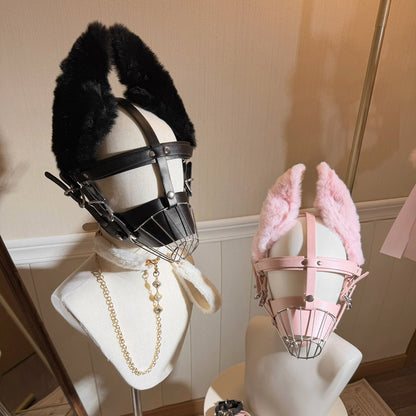 Stainless steel cage muzzle with faux fur puppy ears and vegan leather straps