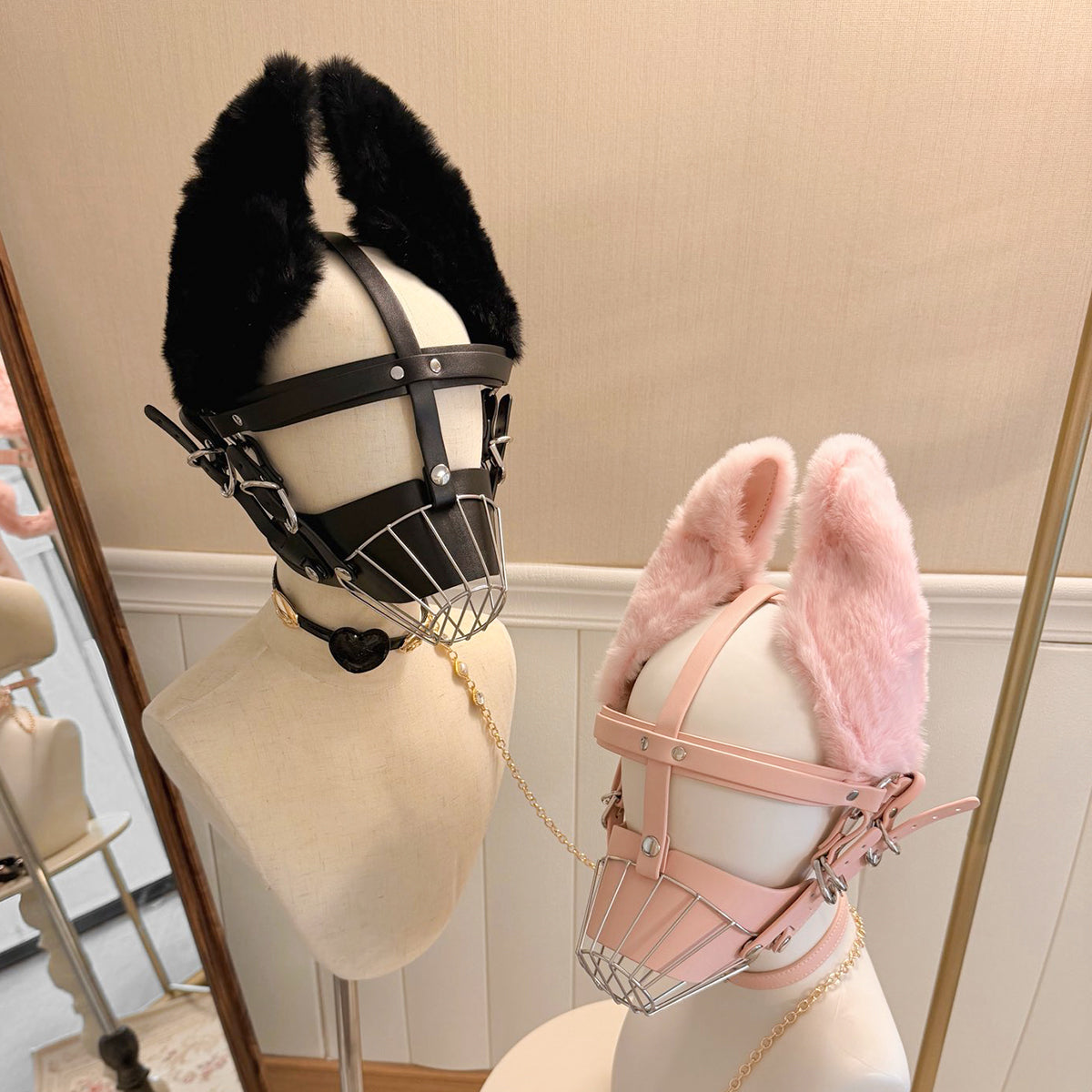 Stainless steel cage muzzle with faux fur puppy ears and vegan leather straps