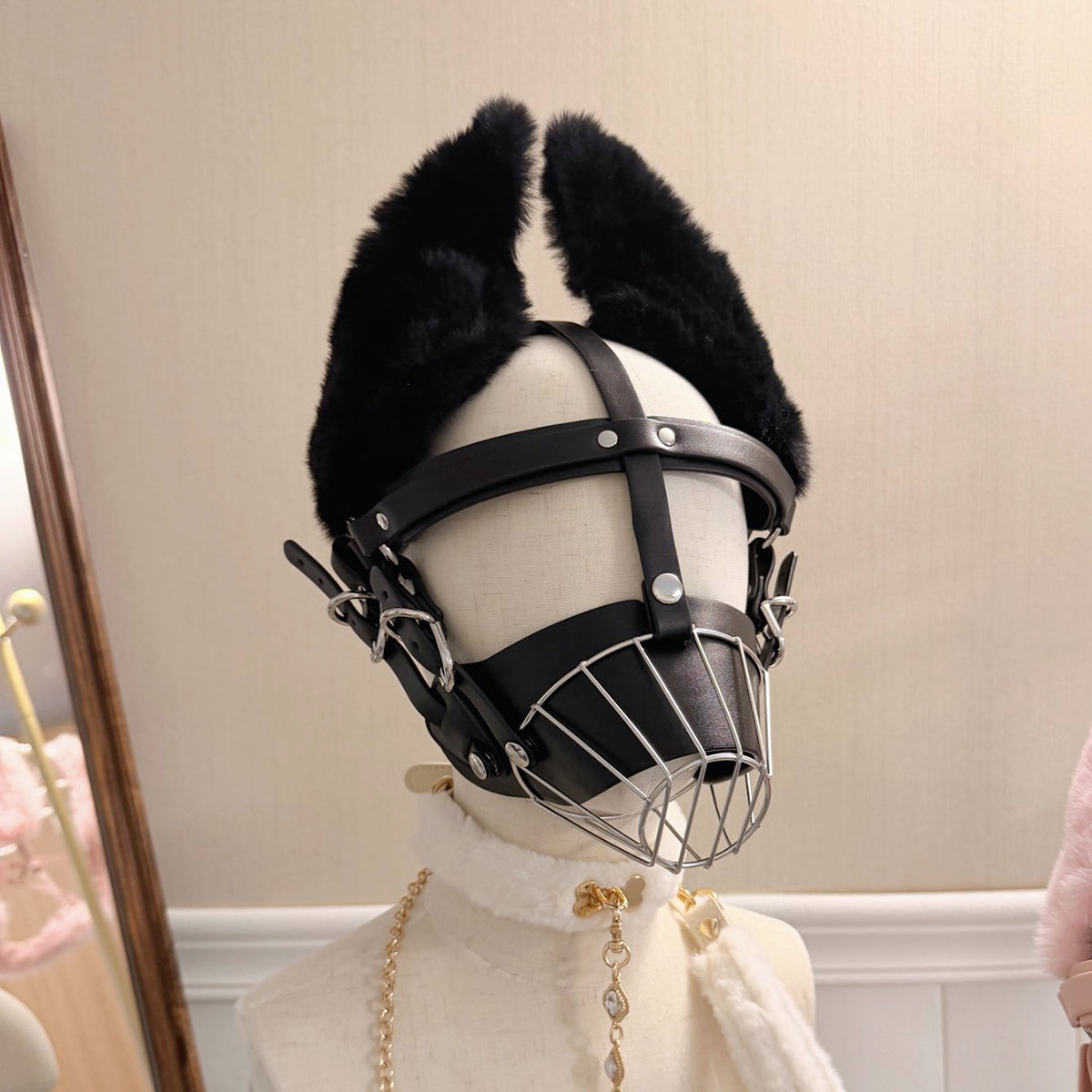 Fluffy Puppy Ears Metal Cage Muzzle – Stainless Steel BDSM Pet Play Restraint