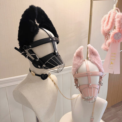 Stainless steel cage muzzle with faux fur puppy ears and vegan leather straps