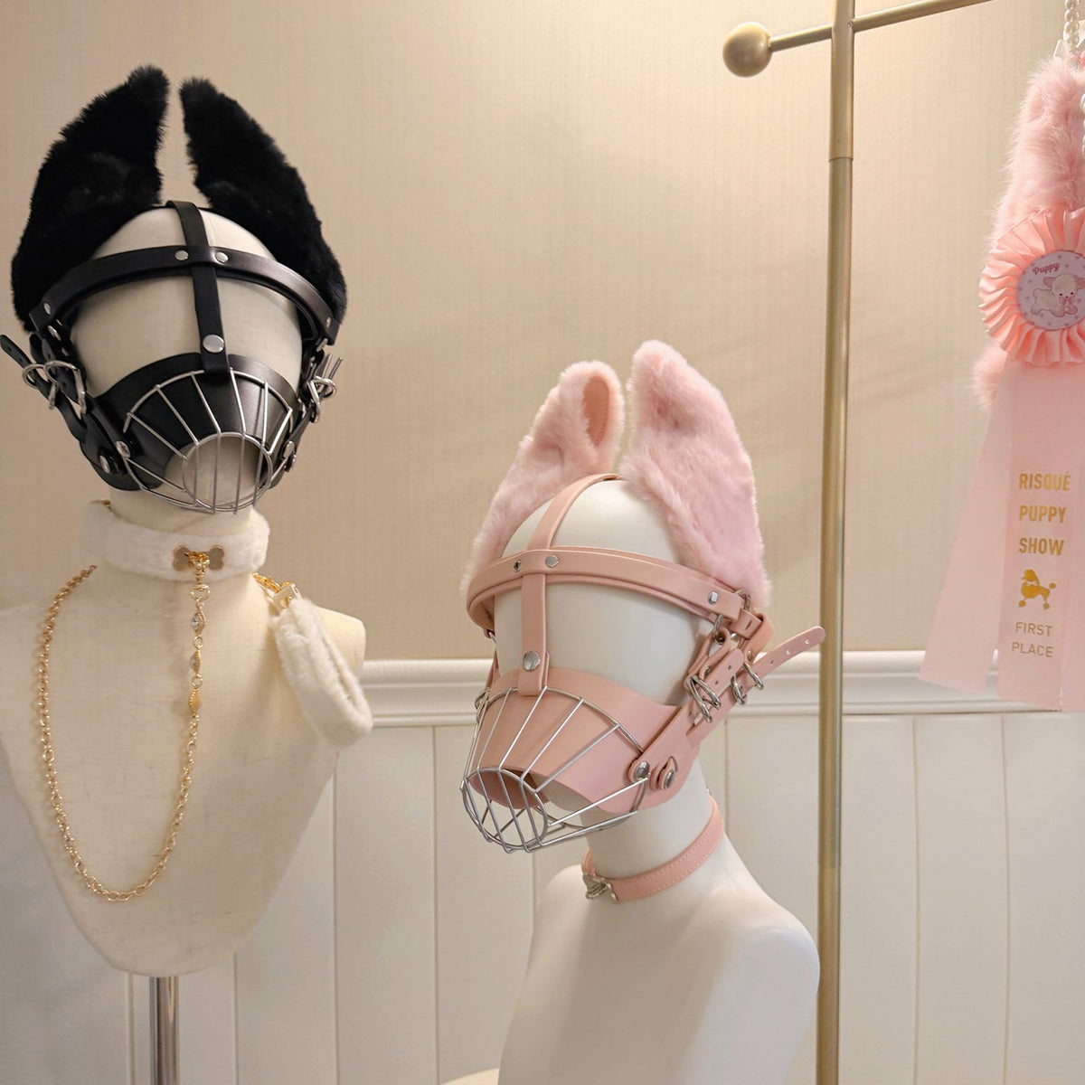 Stainless steel cage muzzle with faux fur puppy ears and vegan leather straps