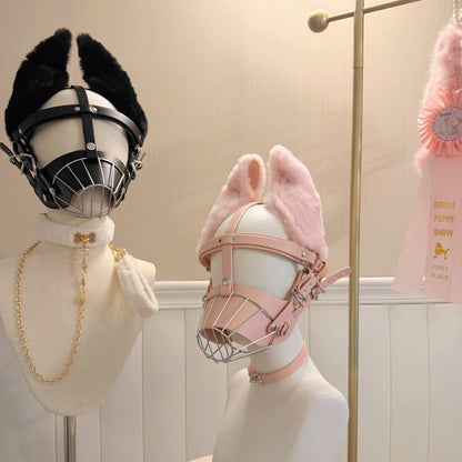 Stainless steel cage muzzle with faux fur puppy ears and vegan leather straps