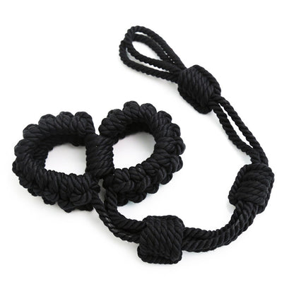 Handmade Shibari Rope Handcuffs with Leash Black