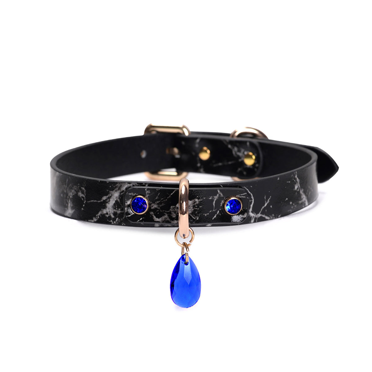 Marble-Pattern Leather Collar with Blue Crystal Rhinestone