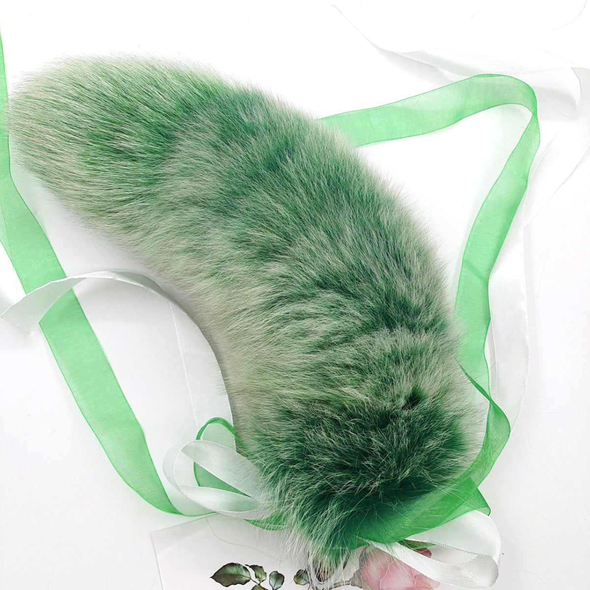 Green Gradation Lush Fluffy Tail Butt Plug with Ribbon - Customizable Tail Length & Plug Size