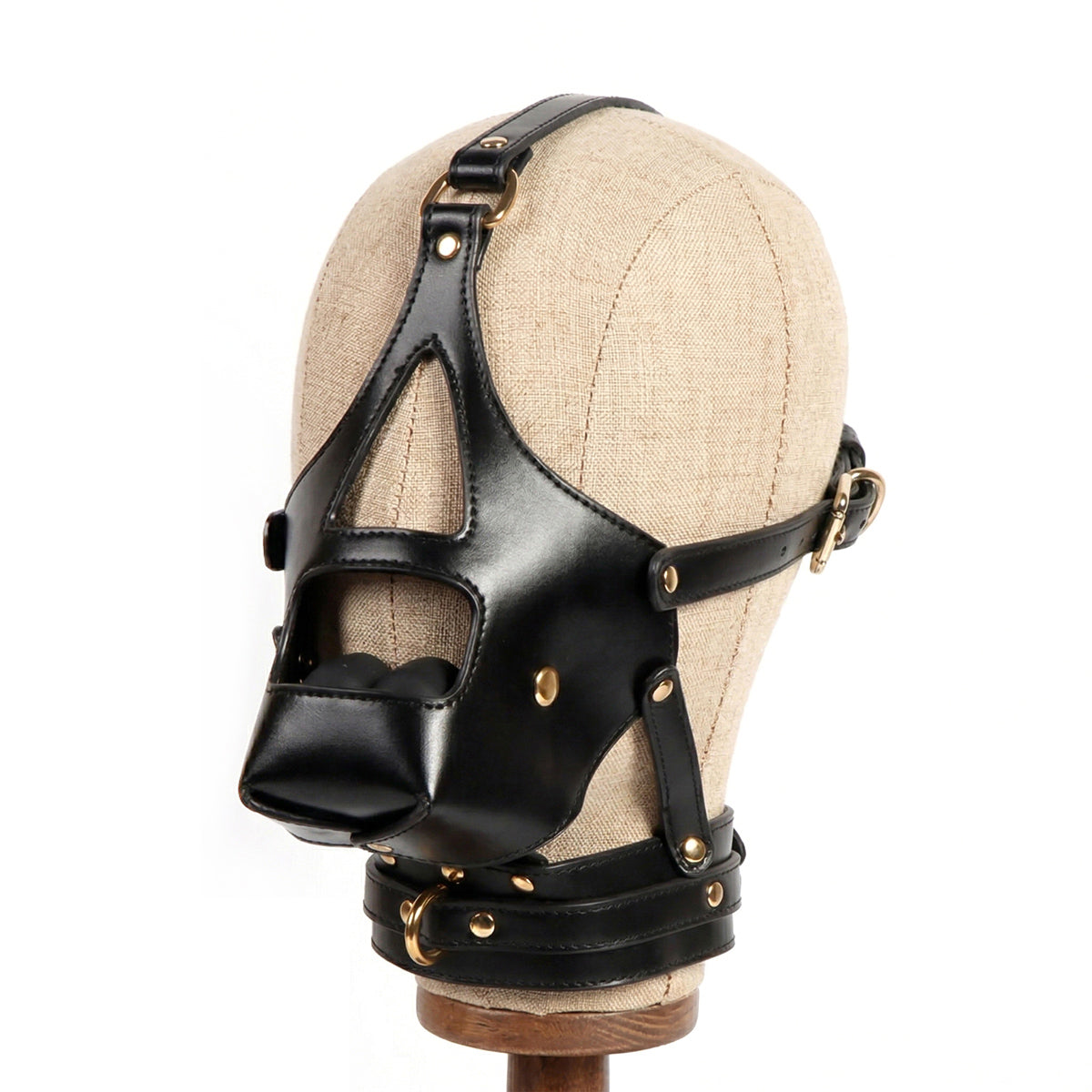 Front view of black vegan leather BDSM bondage muzzle with integrated silicone gag and matching leash by Sexy Maker, adjustable pet play gear.