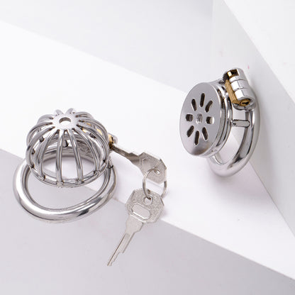 Side view of the Flat Style Stainless Steel Chastity Cage showing the secure locking mechanism on SexyMaker