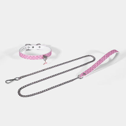 Luxury Mermaid Glow Genuine Leather BDSM Collar with Leash Pink