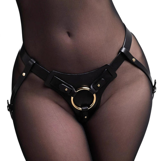 Lesbian Pants with Clear Dildo Black Vegan Leather Strap On Harness
