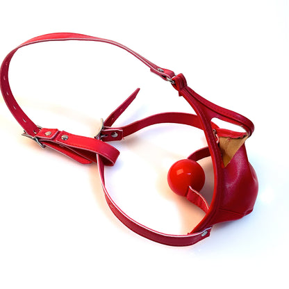 Glossy Vegan Leather Head Harness Ball Gag - Forced Open-Mouth Mask