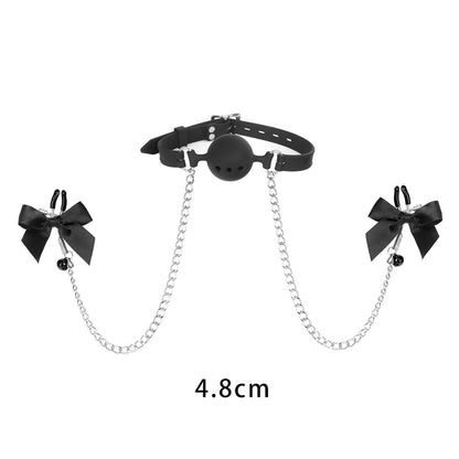Breathable Mouth Gag with Ribbon Nipple Clamps 3.8cm/4.5cm/4.8cm