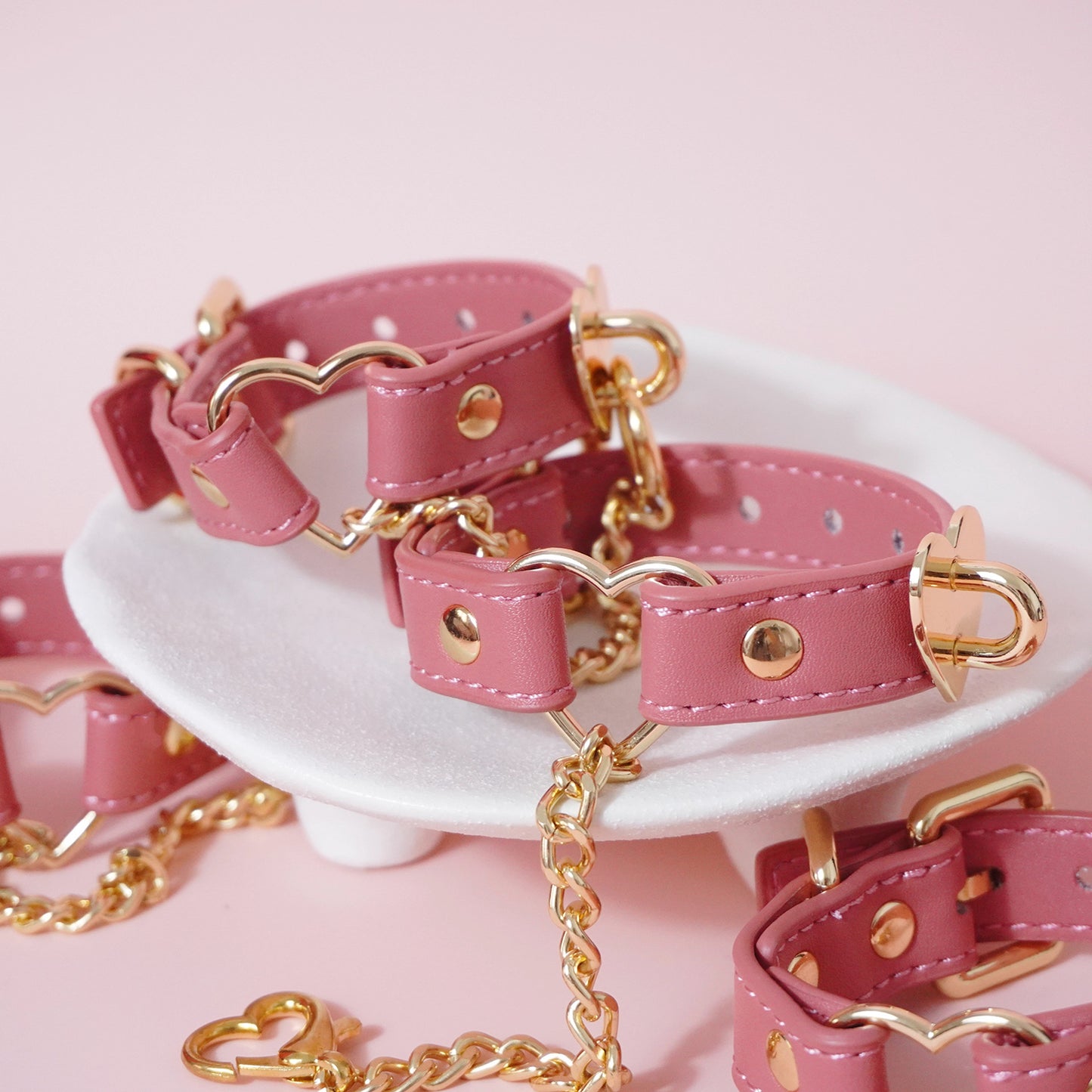 Pastel Pink Genuine Leather Bondage Cuffs – Gold Heart Hardware