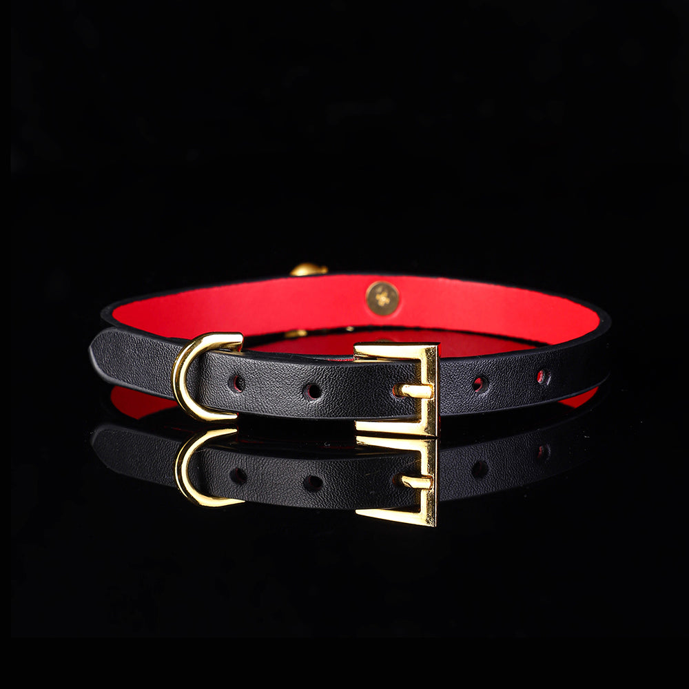 Minimalist Cowhide Leather BDSM Collar with Sterling Silver Bell and Leash Black&Red