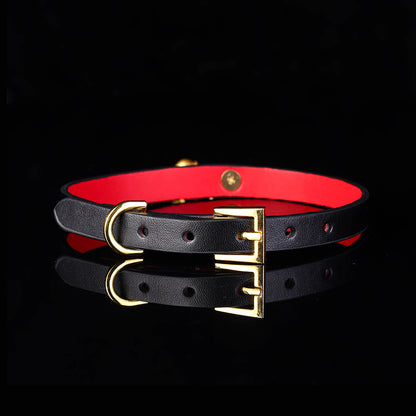 Minimalist Cowhide Leather BDSM Collar with Sterling Silver Bell and Leash Black&Red