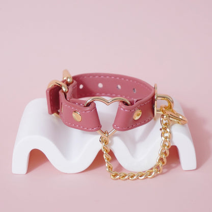 Pastel Pink Genuine Leather Bondage Cuffs – Gold Heart Hardware
