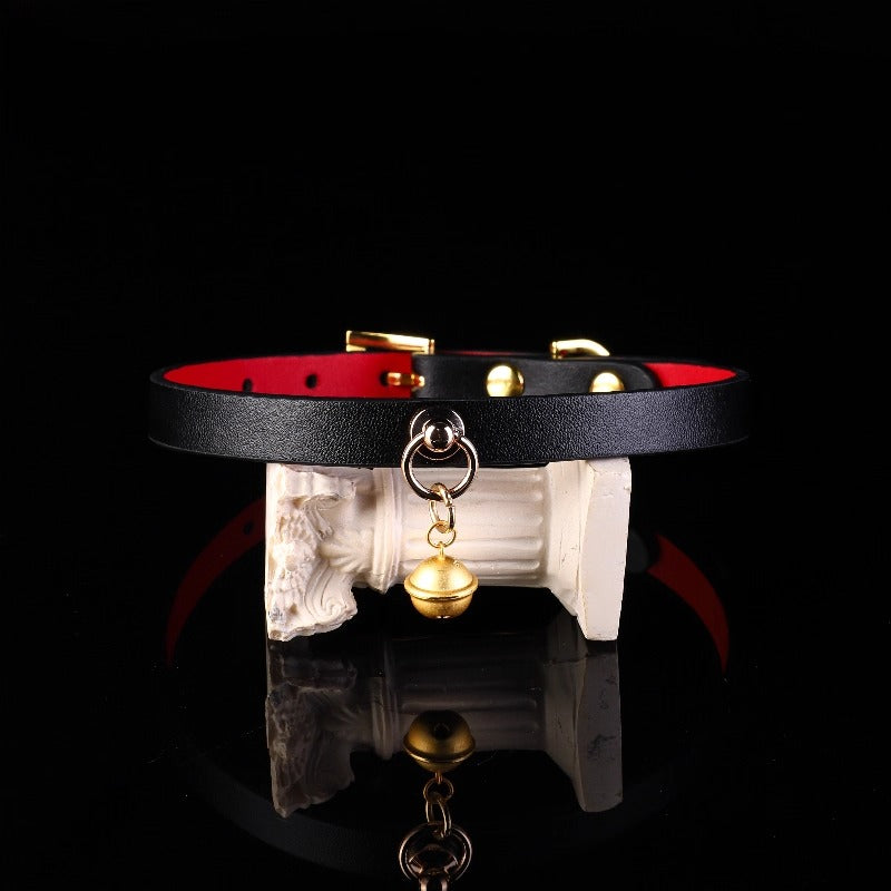 Minimalist Cowhide Leather BDSM Collar with Sterling Silver Bell and Leash Black&Red