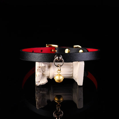 Minimalist Cowhide Leather BDSM Collar with Sterling Silver Bell and Leash Black&Red