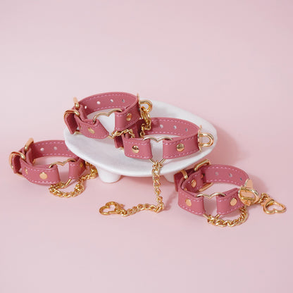 Pastel Pink Genuine Leather Bondage Cuffs – Gold Heart Hardware