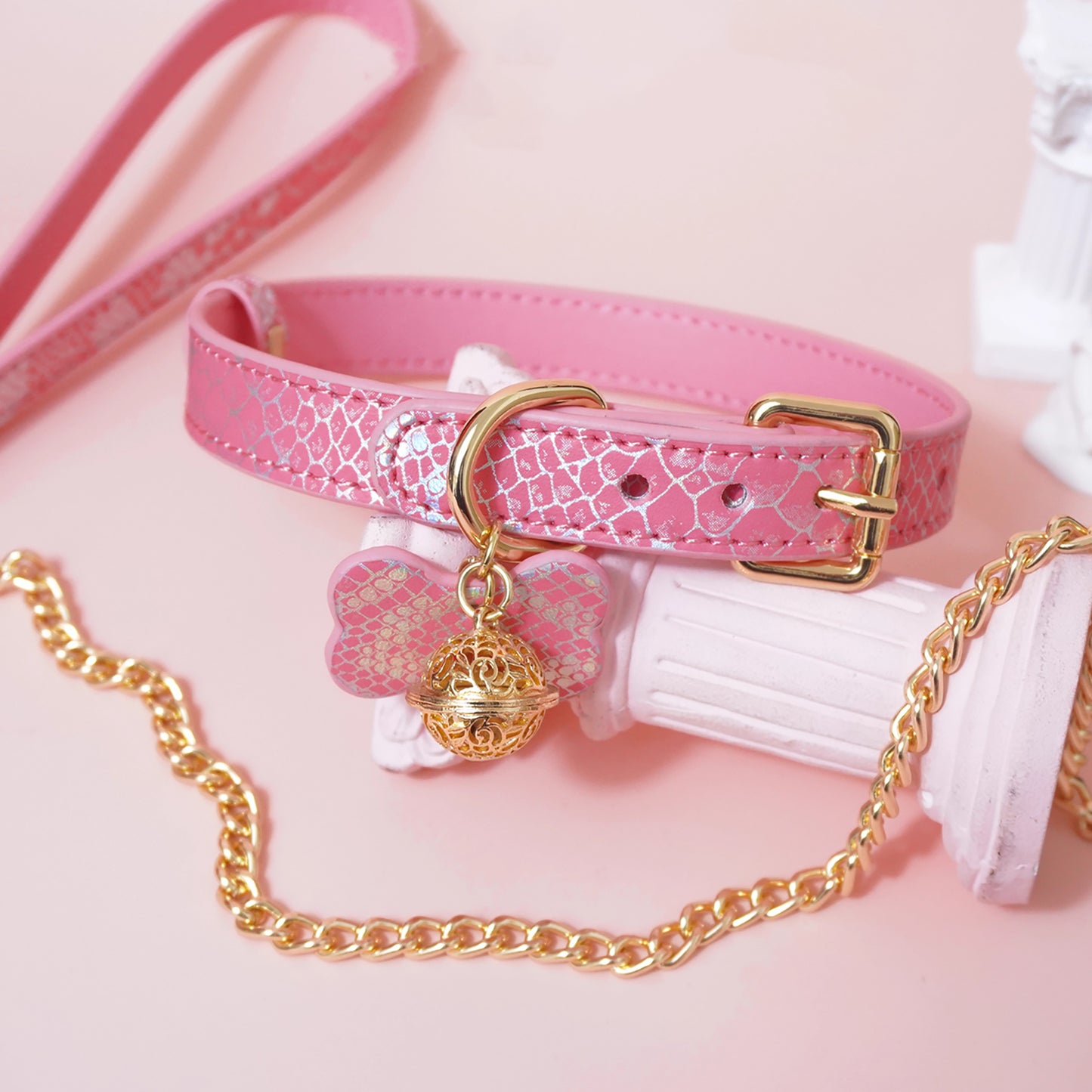 Seductive Dog Bone Charm BDSM Collar with Bell & Leash Pink/Black