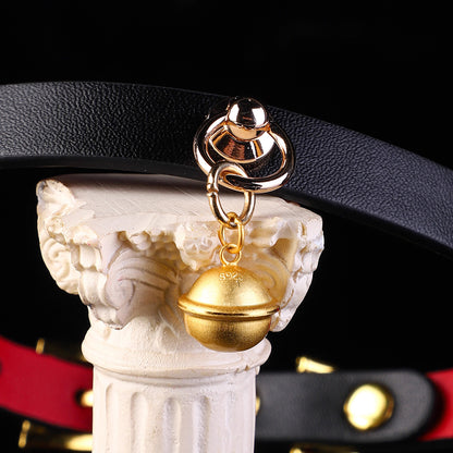 Minimalist Cowhide Leather BDSM Collar with Sterling Silver Bell and Leash Black&Red