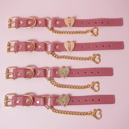 Pastel Pink Genuine Leather Bondage Cuffs – Gold Heart Hardware