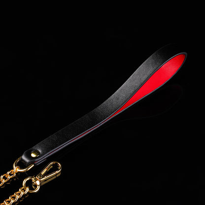 Minimalist Cowhide Leather BDSM Collar with Sterling Silver Bell and Leash Black&Red