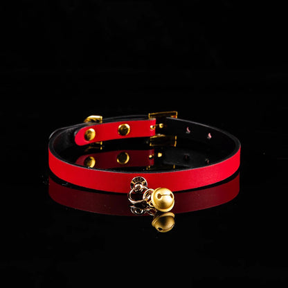Minimalist Cowhide Leather BDSM Collar with Sterling Silver Bell and Leash Black&Red