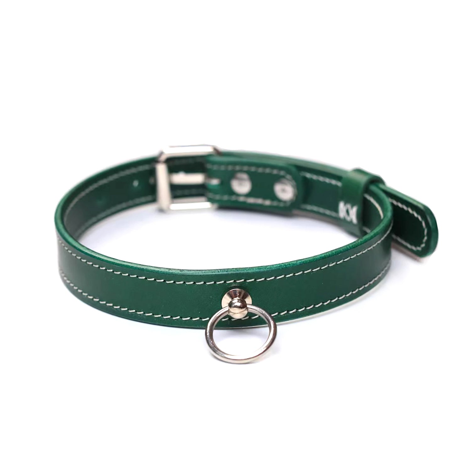 premium dark green Italian Buttero leather BDSM collar and leash set with silver hardware by Sexy Maker.