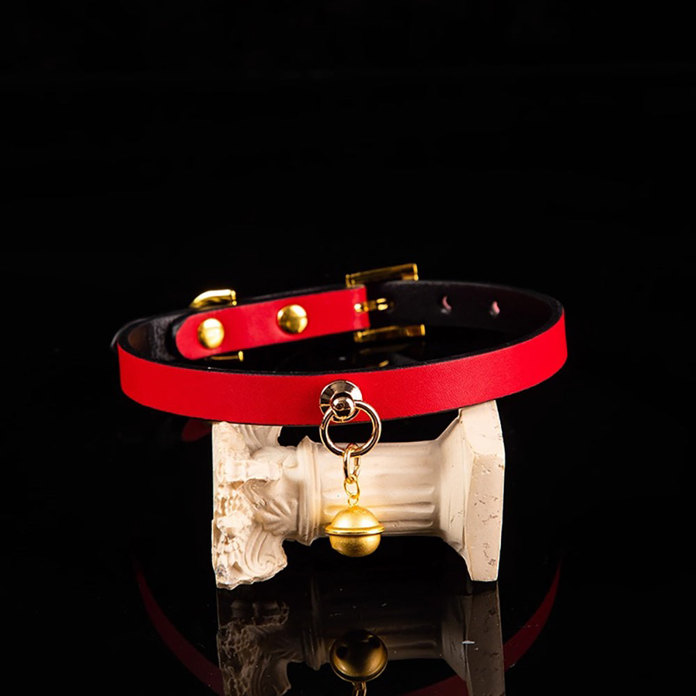 Minimalist Cowhide Leather BDSM Collar with Sterling Silver Bell and Leash Black&Red