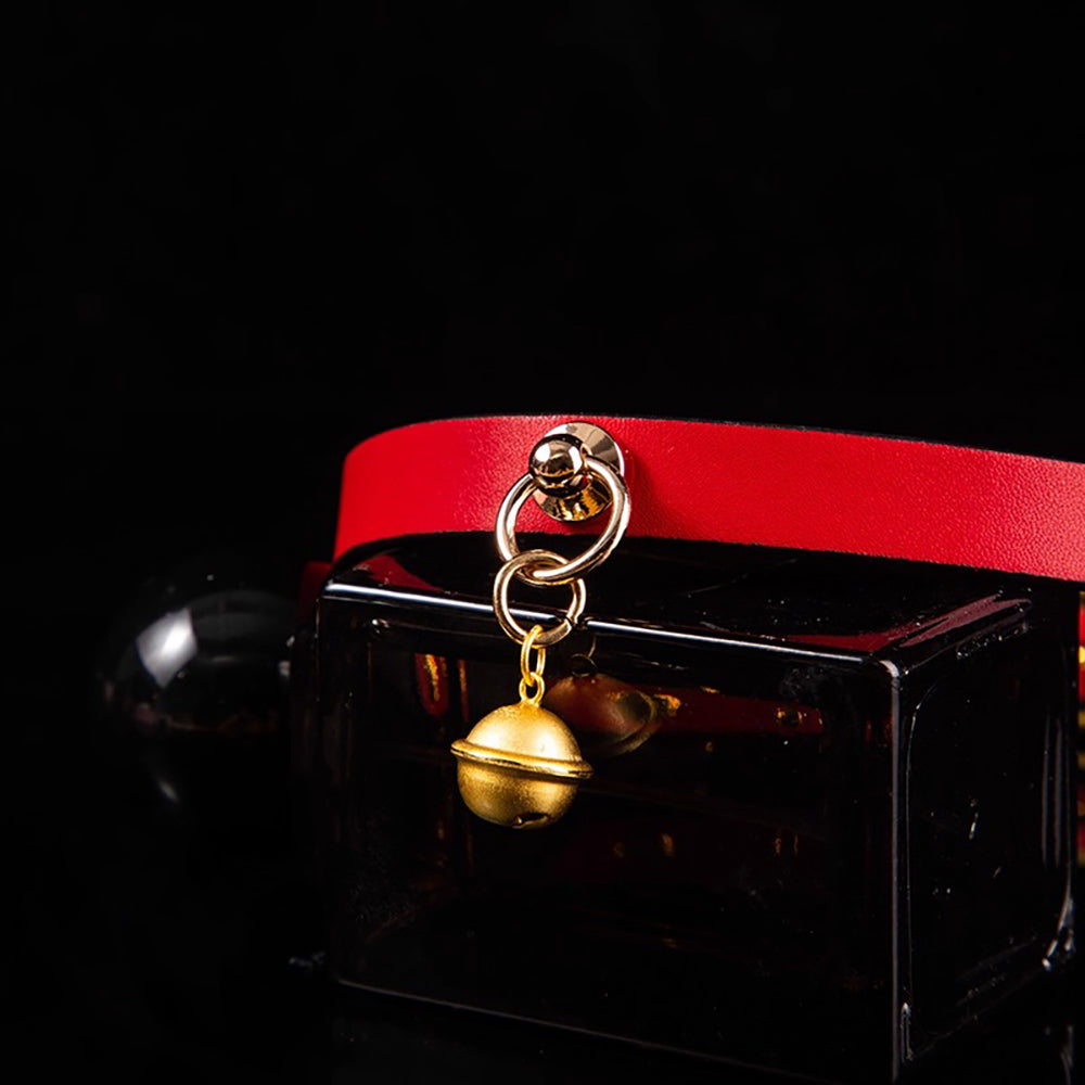 Minimalist Cowhide Leather BDSM Collar with Sterling Silver Bell and Leash Black&Red