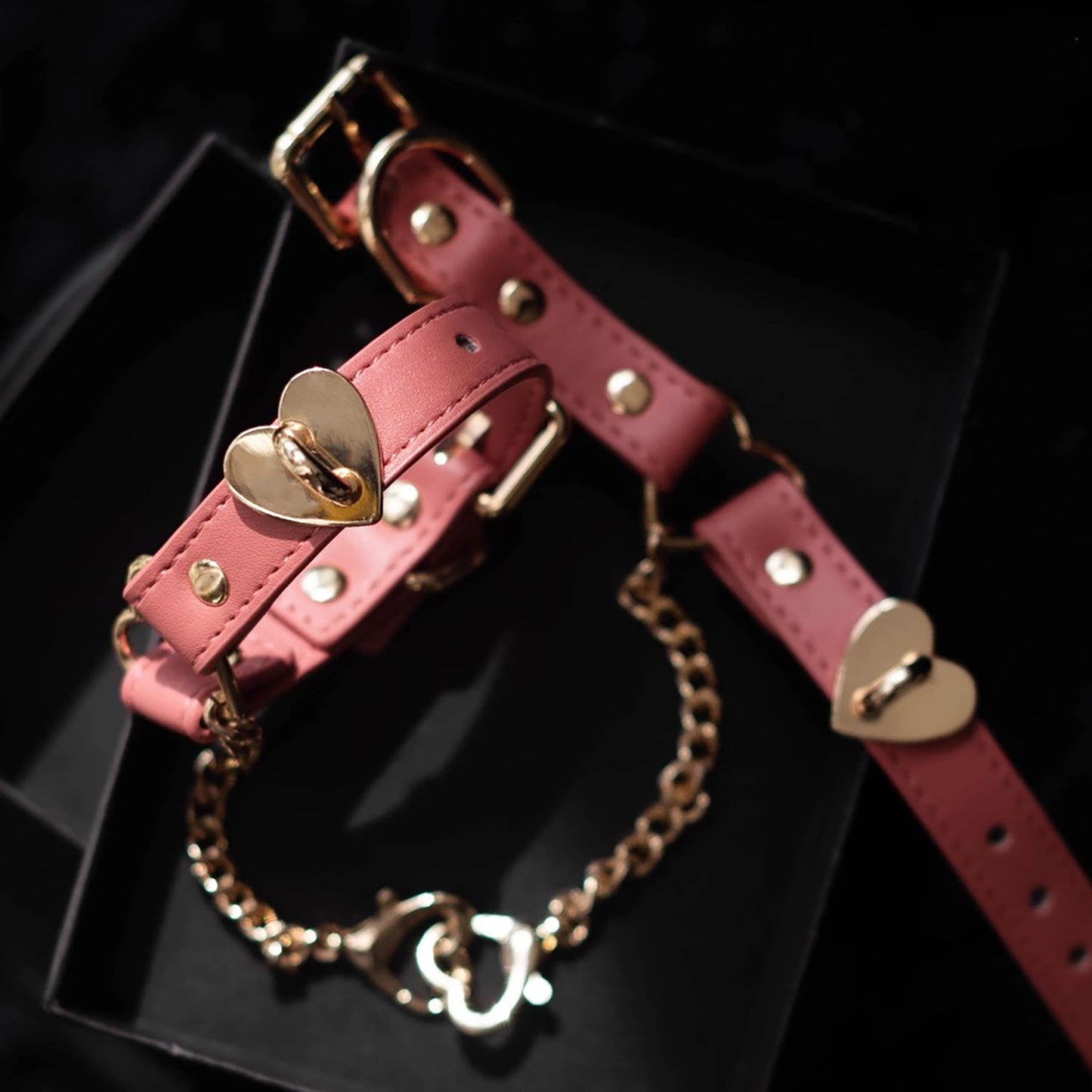 Pastel Pink Genuine Leather Bondage Cuffs – Gold Heart Hardware