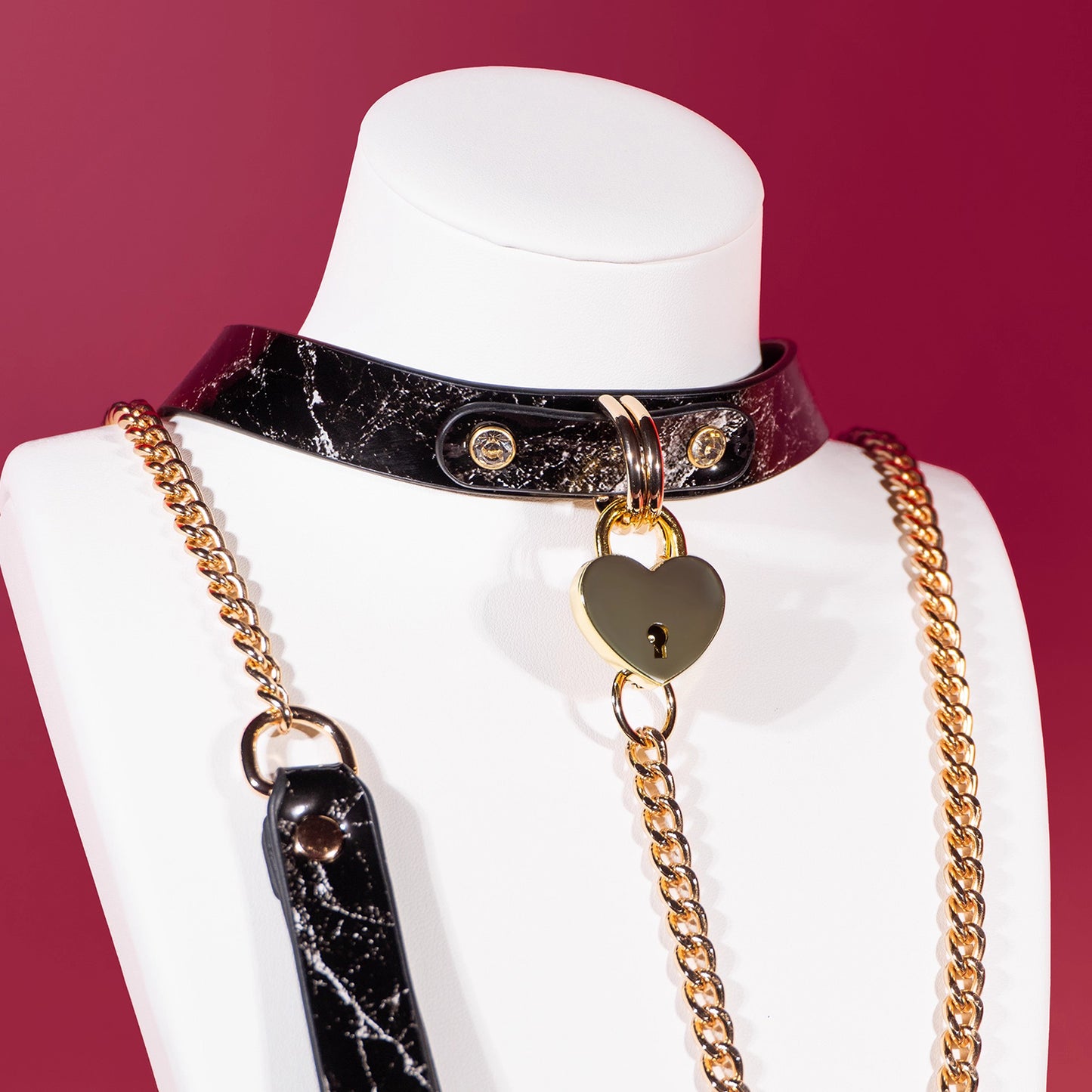Heart-Shaped Lock Marble-Pattern Leather Bondage Collar with Leash