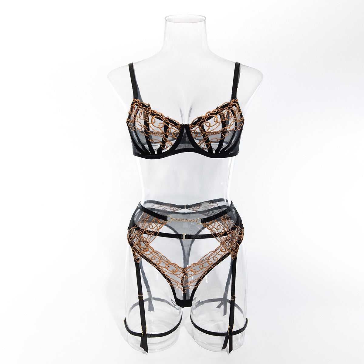 Black&Gold Chain Lace Lingerie Set – Luxury Seductive 3-Piece Garter Set