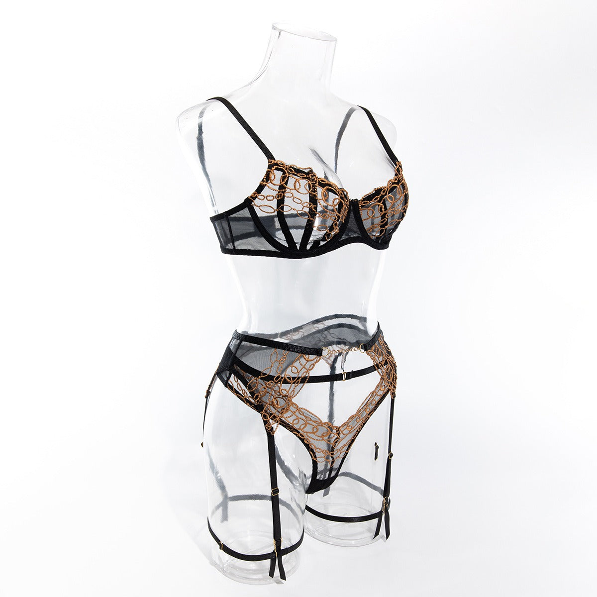 Black&Gold Chain Lace Lingerie Set – Luxury Seductive 3-Piece Garter Set