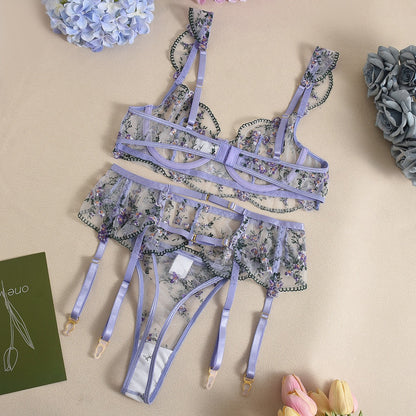 Lavender Floral Embroidery 3-Piece Lingerie Set with Garter Belt