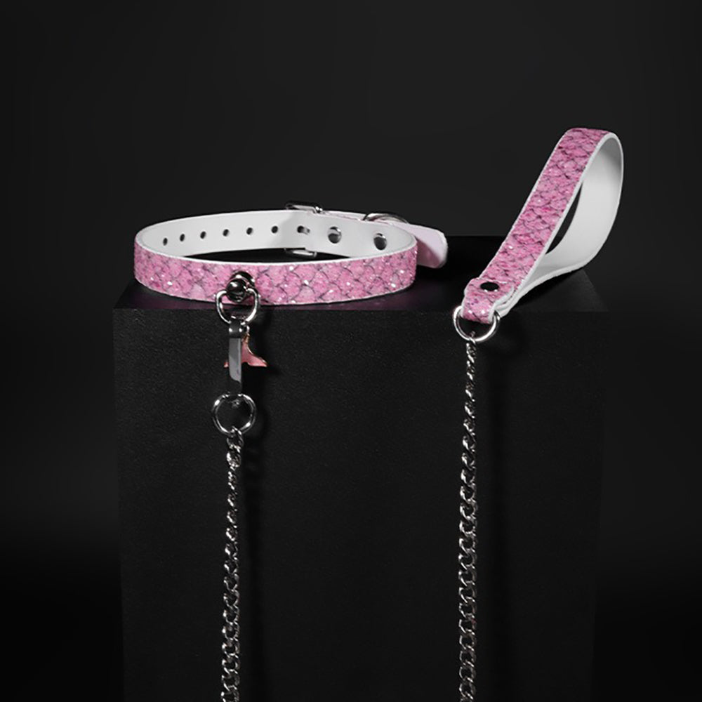 Luxury Mermaid Glow Genuine Leather BDSM Collar with Leash Pink