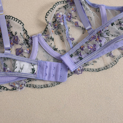 Lavender Floral Embroidery 3-Piece Lingerie Set with Garter Belt