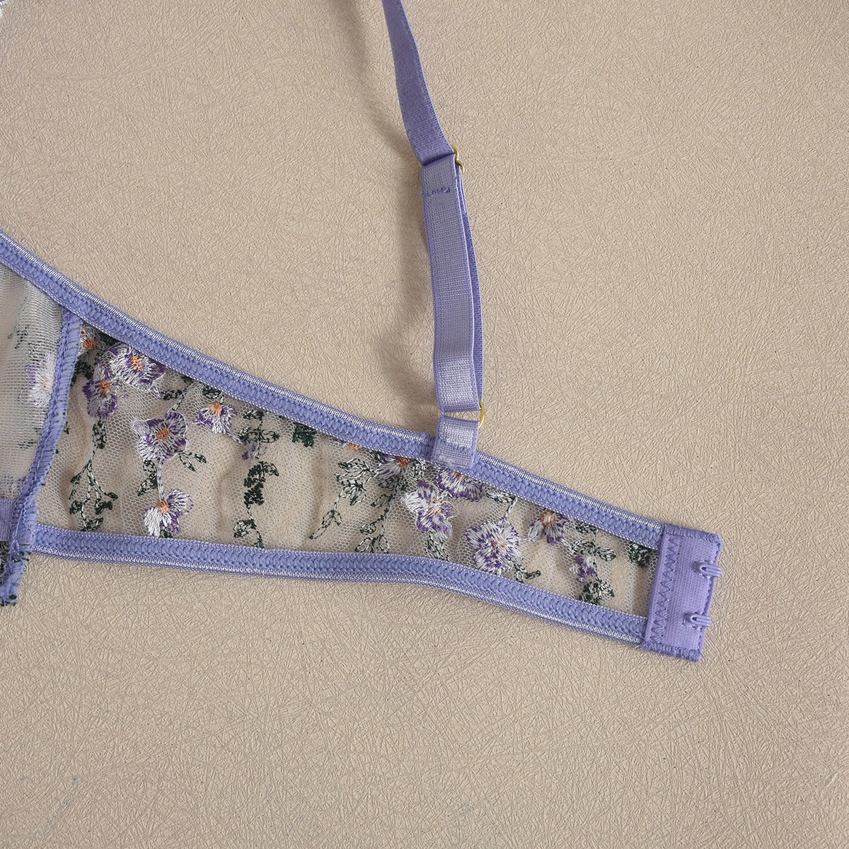 Lavender Floral Embroidery 3-Piece Lingerie Set with Garter Belt