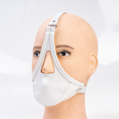 Profile view of glossy vegan leather head harness ball gag mask for forced open mouth BDSM restraint, available in multiple colors by Sexy Maker.