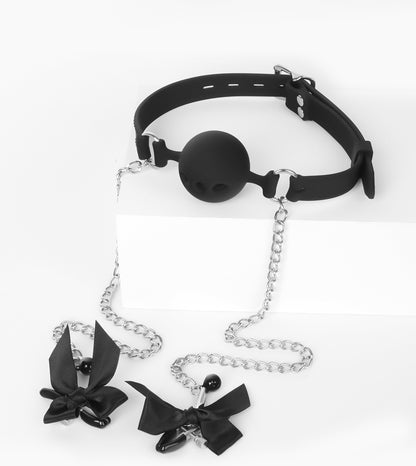 Breathable Mouth Gag with Ribbon Nipple Clamps 3.8cm/4.5cm/4.8cm