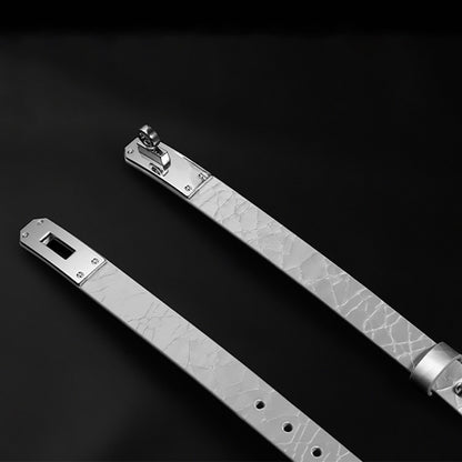 Close-up of premium cracked ice genuine leather BDSM collar featuring a minimalist metal lock plate and matching leash by Sexy Maker.