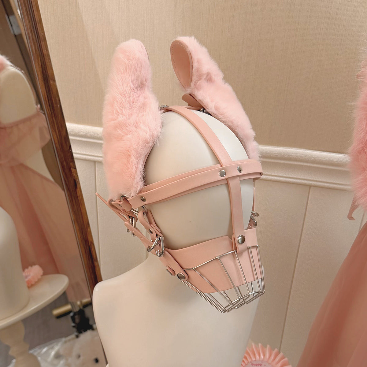 Fluffy Puppy Ears Metal Cage Muzzle – Stainless Steel BDSM Pet Play Restraint