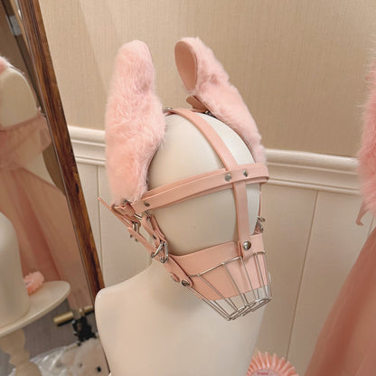 Fluffy Puppy Ears Metal Cage Muzzle – Stainless Steel BDSM Pet Play Restraint