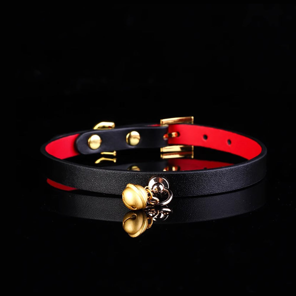 Minimalist Cowhide Leather BDSM Collar with Sterling Silver Bell and Leash Black&Red