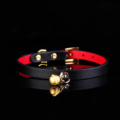 Minimalist Cowhide Leather BDSM Collar with Sterling Silver Bell and Leash Black&Red