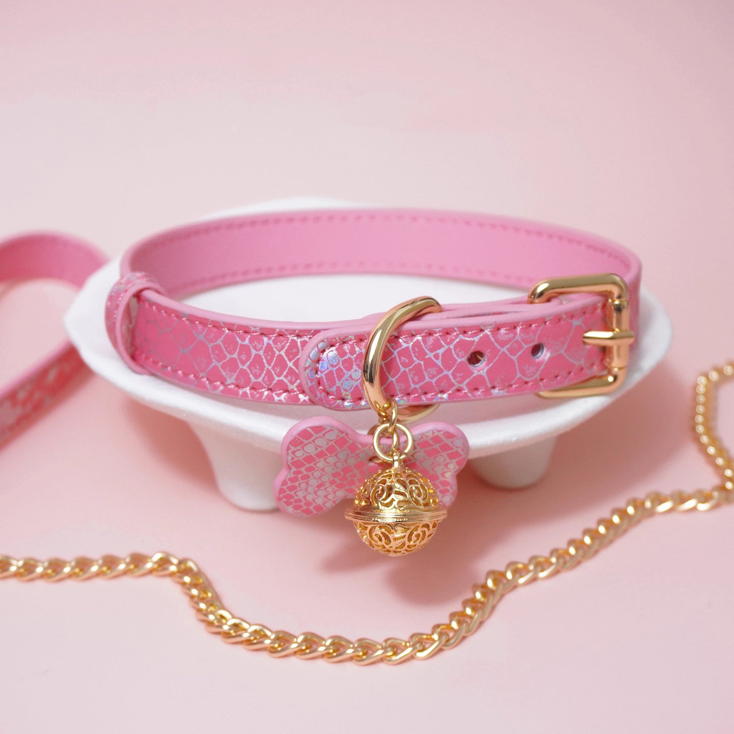 Seductive Dog Bone Charm BDSM Collar with Bell & Leash Pink/Black