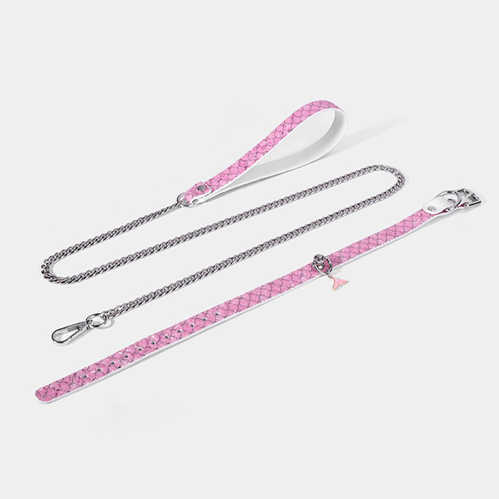 Luxury Mermaid Glow Genuine Leather BDSM Collar with Leash Pink