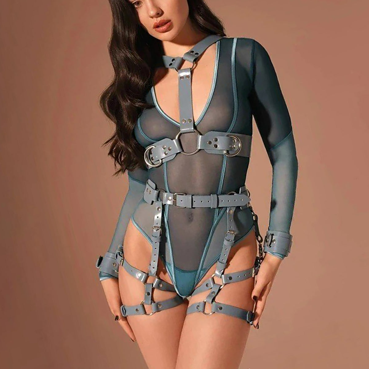 Blue Bondage Body Harness Set & Detachable Cuffs