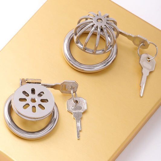 Side view of the Flat Style Stainless Steel Chastity Cage showing the secure locking mechanism on SexyMaker